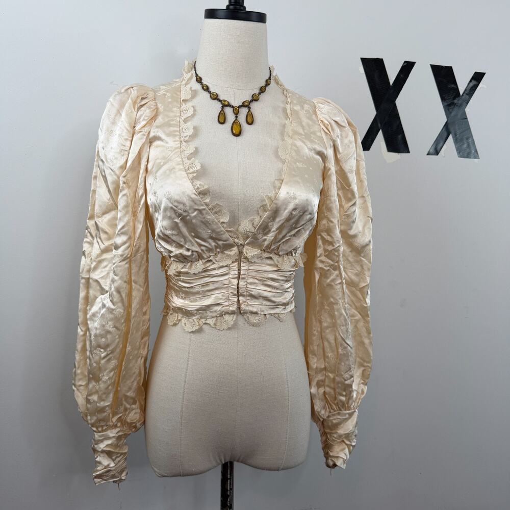 For Love & Lemons Ivory Satin Pleated Victorian Corset Cropped Top Lace Trim XS
